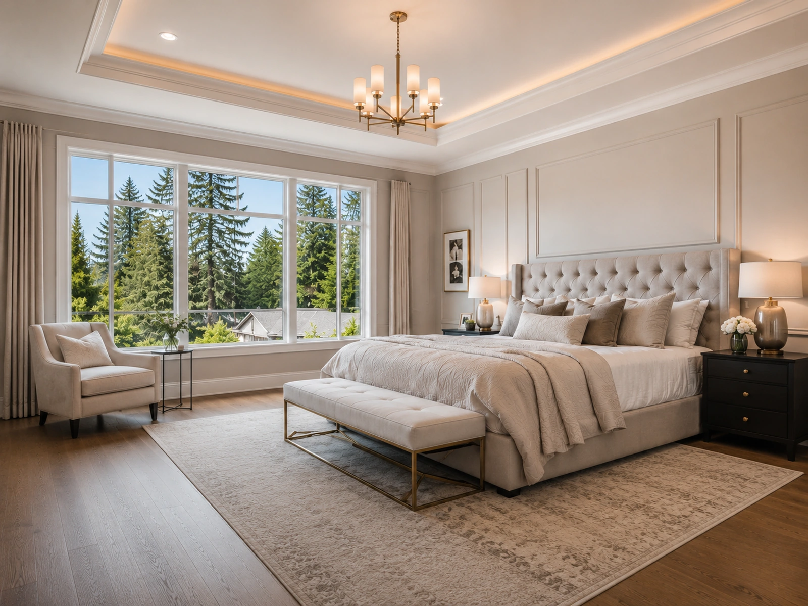 Wide-angle primary bedroom photograph from a Fraser Valley home