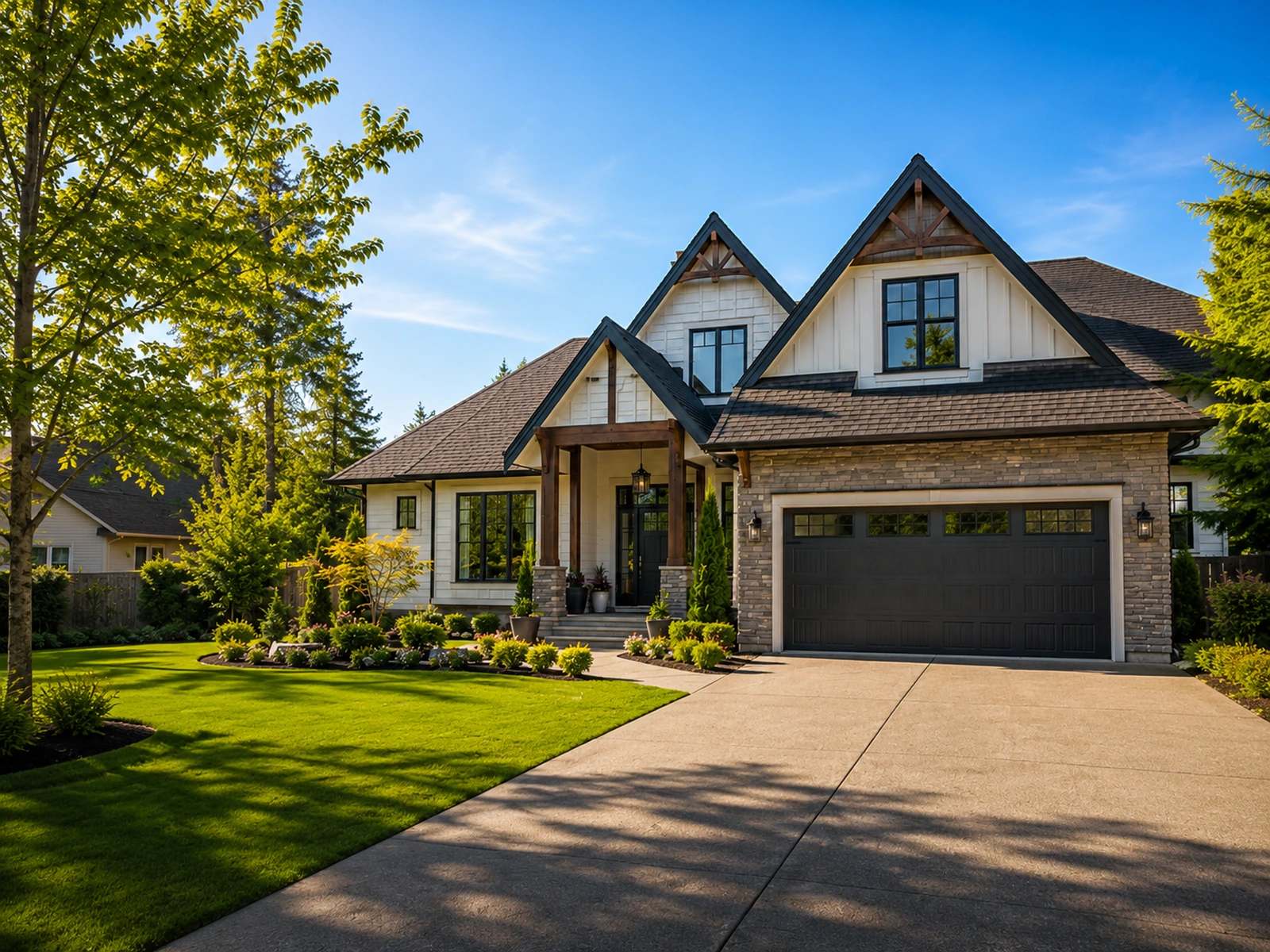 Wide-angle front exterior daylight photograph of a Fraser Valley home