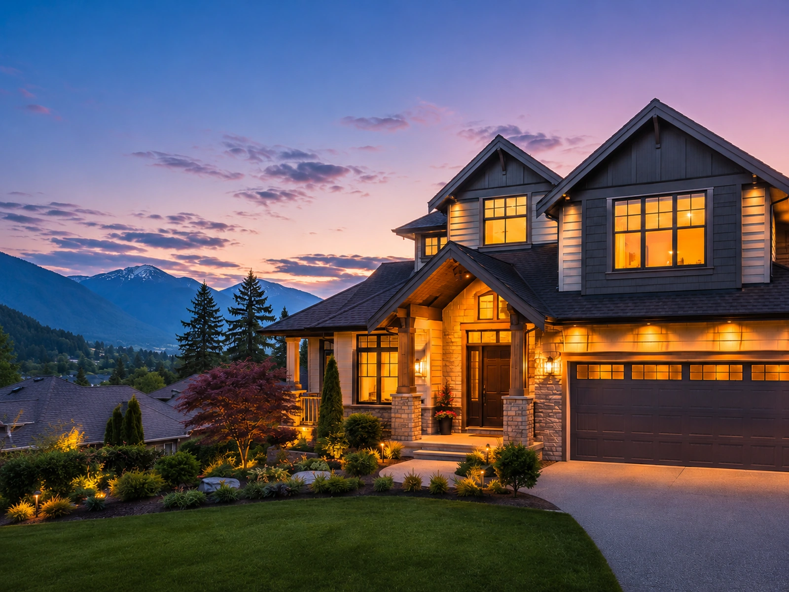 Wide-angle front exterior twilight photograph of a Fraser Valley home