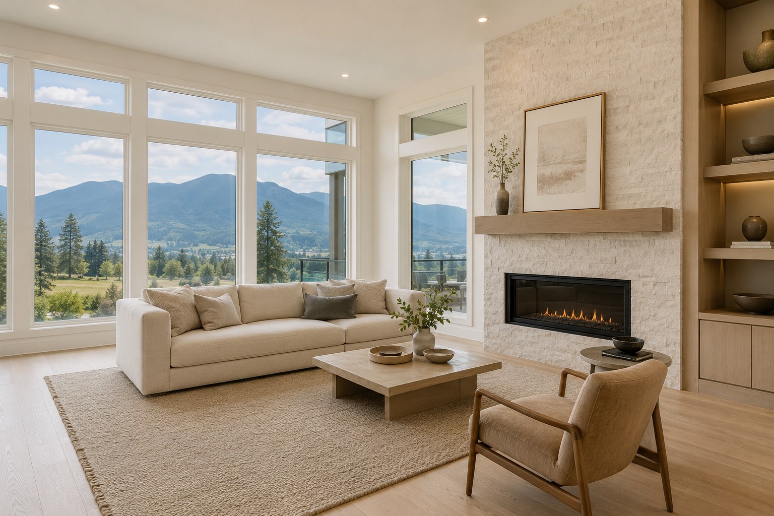 Bright Fraser Valley living room with large windows and mountain views